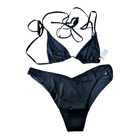 WEWOREWHAT Black Bikini Set Delilah Bottom Cooper Wrap Tie Strappy Top Large NEW - Picture 8 of 9